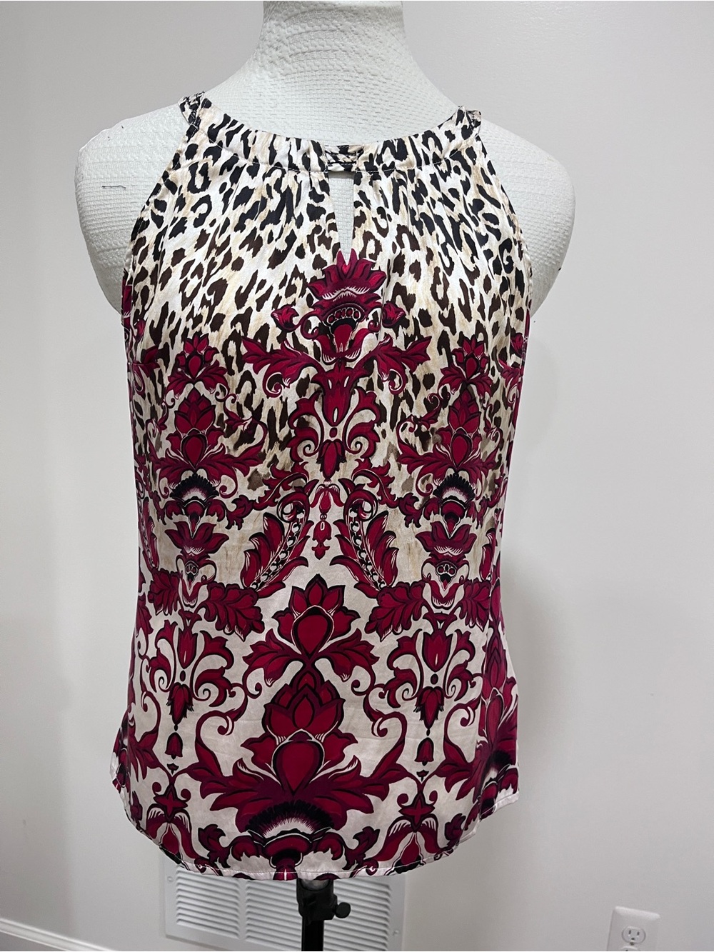 White House Black Market Cream and Burgundy Printed Halter Camisole